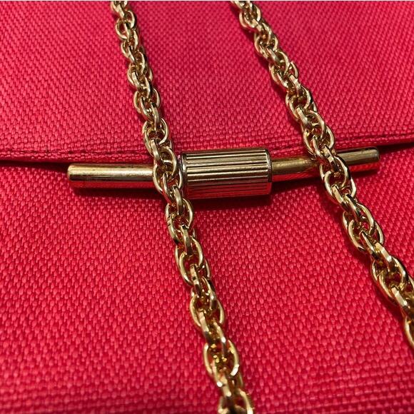 Vintage RODO Italy Red Clutch | Silk-Linen Purse, Brass Clasp + Chain Strap - Picture 7 of 13